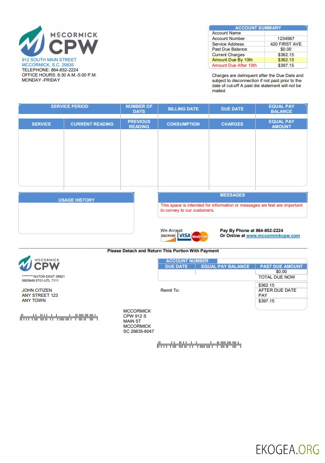 USA CPW utility bill template in Word and PDF format
